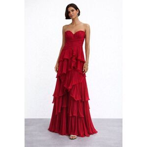 Dalia MacPhee Red Strapless Ruffle Gown Size 4 Formal Evening Maxi Dress